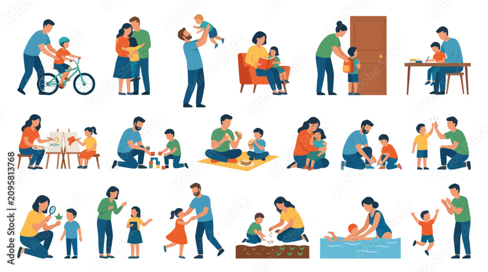 Fototapeta premium Family Parenting and Childhood Flat Vector Illustration Set. Parents and Kids Daily Life Activities.