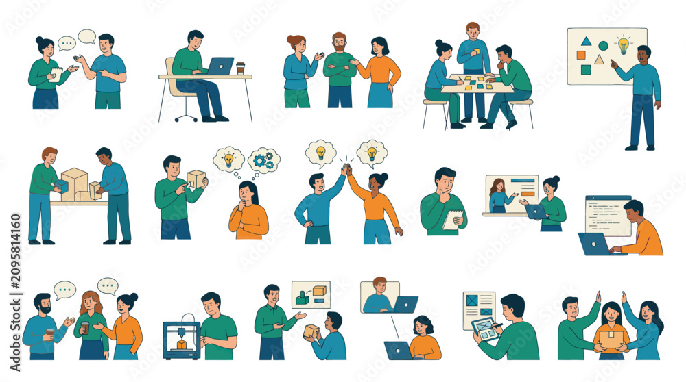 Fototapeta premium Flat Design Vector Icons of Diverse People Collaborating in Technology Business