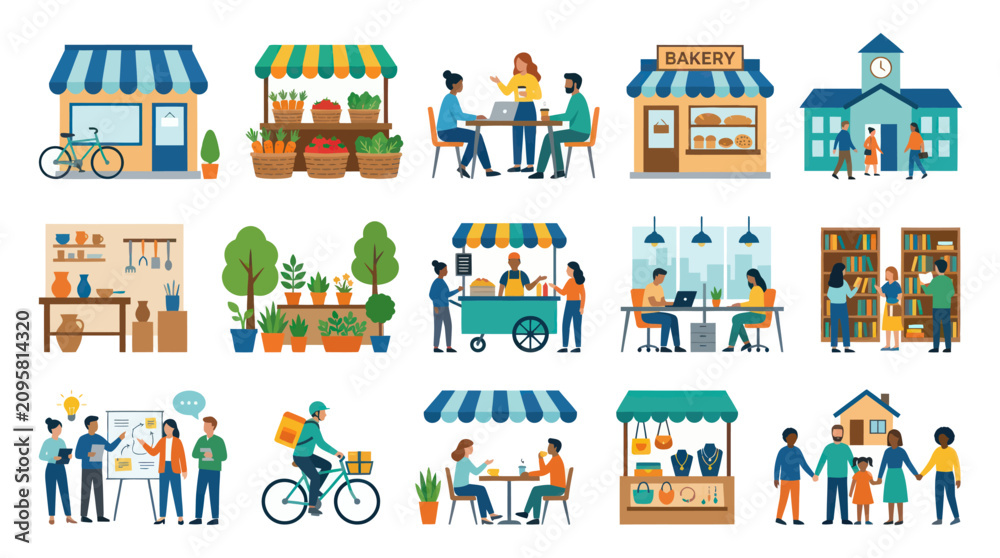 Naklejka premium Flat Vector Illustration of Small Businesses and Community Life