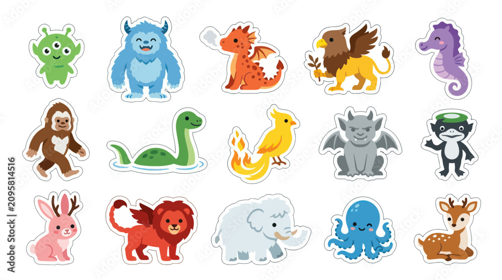 Obraz premium Cute Cartoon Fantasy and Mythical Creatures Stickers Vector Collection. Flat Illustration of Monsters, Animals, and Cryptids.