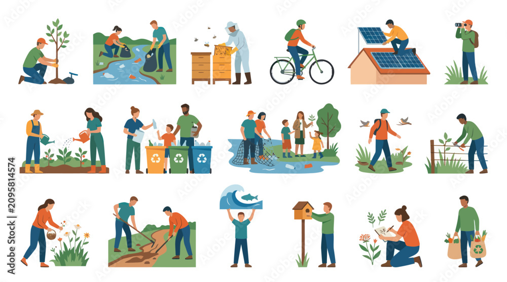 Fototapeta premium Environmental Protection and Sustainable Activities Flat Vector Illustration Set. Green Living Ecology Concepts