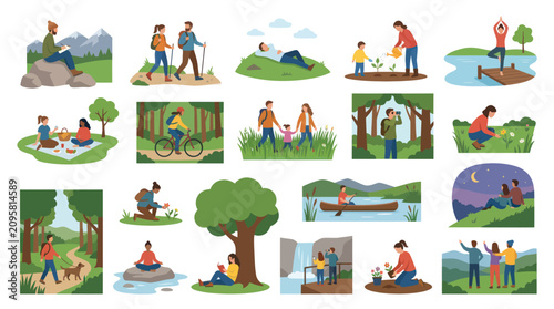 Flat vector illustrations of people enjoying outdoor nature activities and recreation