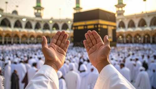 Hands raised in prayer before the Kaaba during Hajj pilgrimage, illustrating spirituality, faith, and Islamic religious traditions