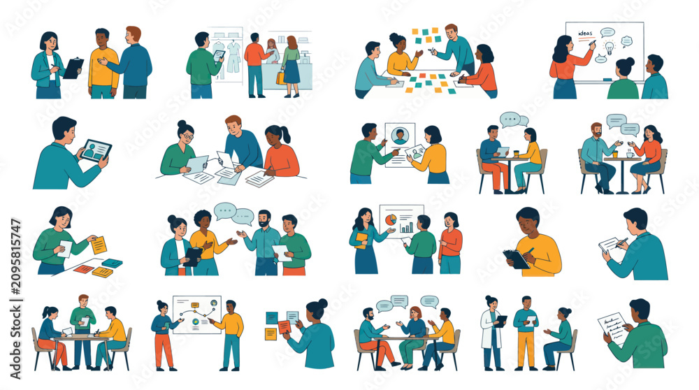 Fototapeta premium Diverse people in modern office flat illustration, team collaboration and brainstorming