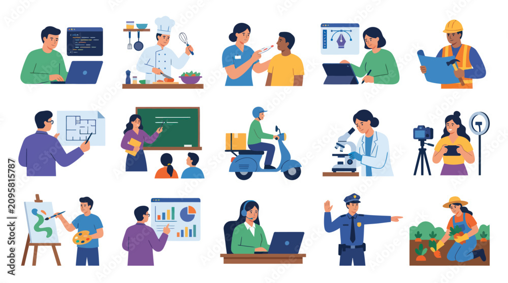 Fototapeta premium Flat Style Vector Illustration of Diverse Professions and Occupations