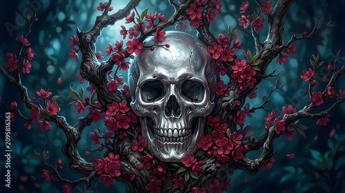 Happy halloween silver skull amidst blooming cherry blossoms dark floral gothic art for spooky season decor