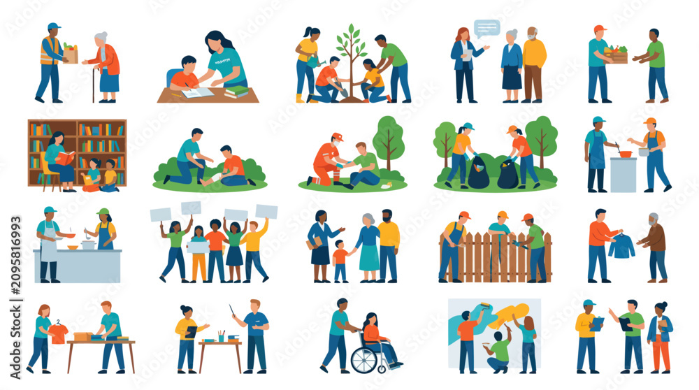 Fototapeta premium Flat Vector Illustrations of Diverse People Volunteering, Engaging in Community Service and Charity