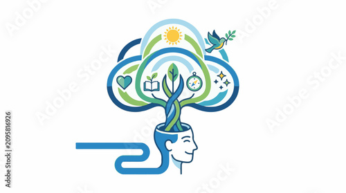 A stylized illustration of a human head with a plant growing out of it surrounded by swirling lines and various icons