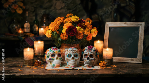 Happy halloween vibrant sugar skulls marigolds and candles for a festive day of the dead altar display
