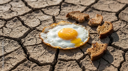 Fried egg served with bread crusts on cracked dry desert ground.
