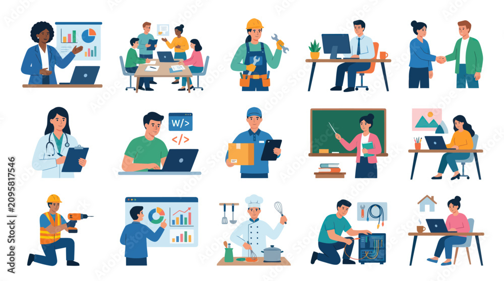 Fototapeta premium Diverse professionals in flat illustration style: doctors, chefs, builders, coders