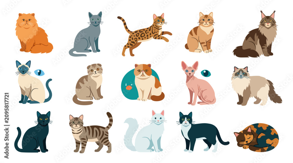 Obraz premium Collection of Various Cat Breeds in Flat Design Vector Illustration Style for Pet and Animal Concepts