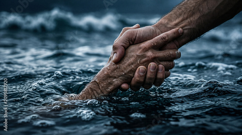 Jesus walking on the water of the Sea of Galilee during a storm, reaching out to save Peter who is sinking beneath the waves