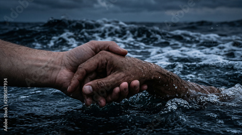 Jesus walking on the water of the Sea of Galilee during a storm, reaching out to save Peter who is sinking beneath the waves