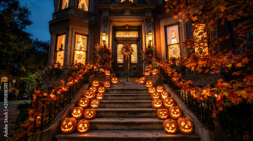 Spectacular happy halloween house exterior jack o' lanterns autumn decor and spooky evening ambiance