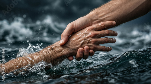 Jesus walking on the water of the Sea of Galilee during a storm, reaching out to save Peter who is sinking beneath the waves