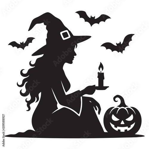 Schilderij op canvas Witch with candle and jack o lantern silhouette on transparent background hallow