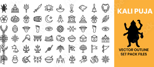 Fotografie Set of hand drawn outline icons for kali puja festival with religious symbols an