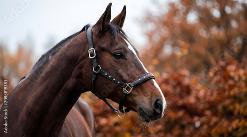 A beautiful brown horse with a bridle stands out against a blurred background of autumnal foliage