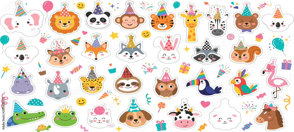Fototapeta premium Cute birthday party animal sticker set featuring cartoon safari jungle and woodland characters with festive hats.