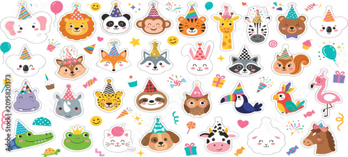 Canvas Print Cute birthday party animal sticker set featuring cartoon safari jungle and woodland characters with festive hats
