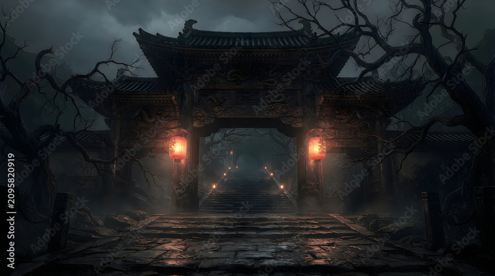 Fototapeta premium Spooky happy halloween ancient asian gate with lanterns a dark and mysterious halloween scene
