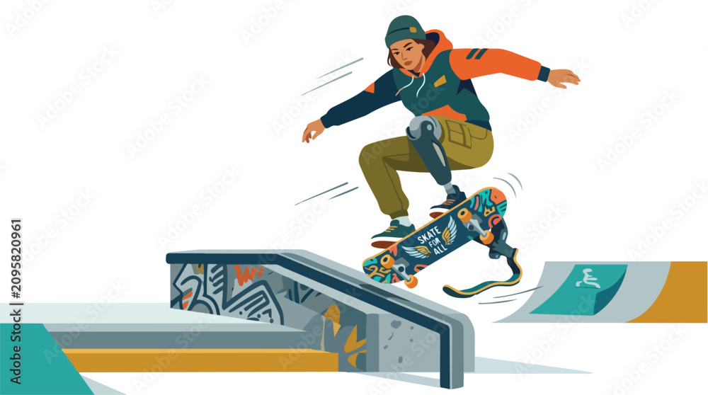 Fototapeta premium A young skater with a prosthetic leg performing a jump trick on a skateboard.