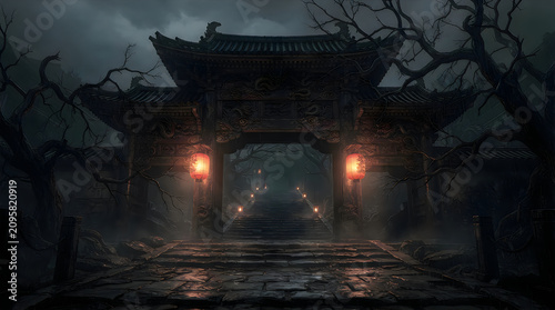 Spooky happy halloween ancient asian gate with lanterns a dark and mysterious halloween scene
