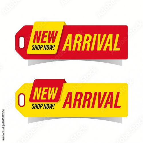 New arrival tags with shopping now text