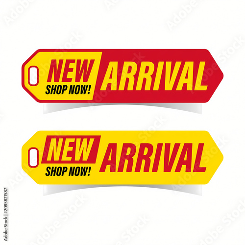 Two new arrival tags with the text NEW ARRIVAL SHOP NOW! in red and yellow colors