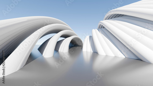 Obraz na płótnie Abstract 3D render of futuristic white curved archways and twisting organic structures on a gray reflective floor against a blue sky background