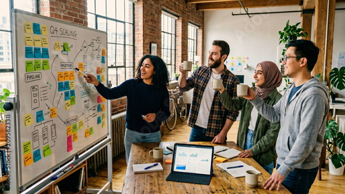 Wide lifestyle shot of a small AI startup team in a bright loft workspace, pointing at a whiteboard full of color-coded sticky notes, a tablet prototype, and raised mugs in a restrained