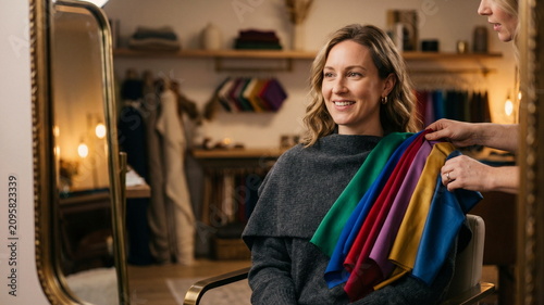 Personal color-analysis session at a boutique studio, featuring a draped model in a charcoal sweater, several jewel-tone fabric strips, and a mirror edge in frame, warm softbox light, refined