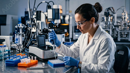 High-end laboratory photograph of a scientist in gloves examining DNA extraction tubes beside a microplate and a compact spectrometer, with colored sample racks, blurred sequencing equipment, and
