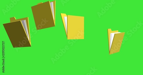 Yellow digital file folders float upwards against a professional green screen background providing a clean element for data organization and information technology concepts.