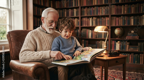 Grandfather and grandson reading a book together in a cozy vintage home library