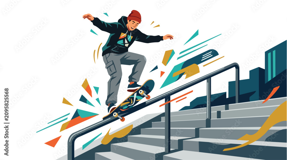 Fototapeta premium A young skater performs a grind trick on a metal rail with dynamic abstract elements.