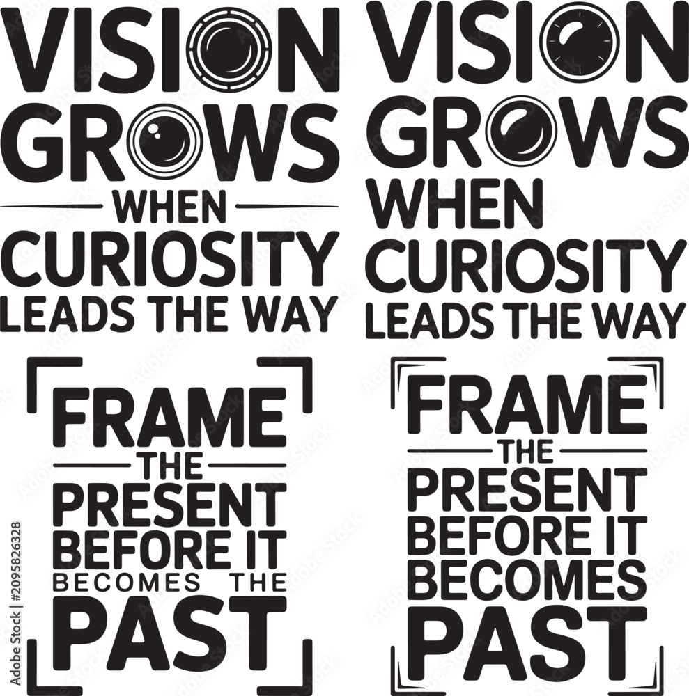Obraz premium Inspirational motivational quotes about vision curiosity and living in the present moment with clock and camera frame elements on white background quotes about vision and curiosity