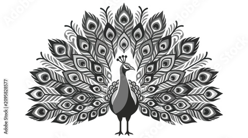 Black and white peacock illustration with spread tail.