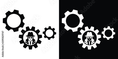 Secret agent or private detective figures inside interlocking gears. Concept icon for cyber security, spying or investigation.