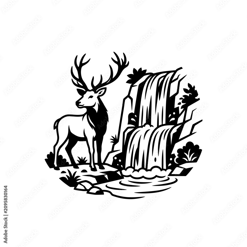 Fototapeta premium Deer standing by waterfall landscape scene.