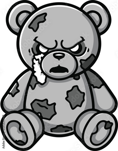 Konstfotografi An angry, tattered teddy bear with a distressed expression and tear streaks down its face sits solemnly, embodying a somber and melancholic mood