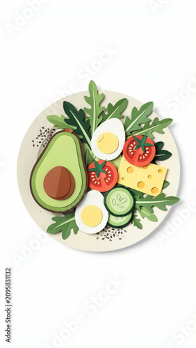 Healthy Fresh Salad Plate with Avocado cherry tomatoes cucumber boiled eggs and cheese on white background