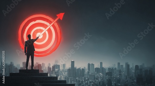Businessman pointing at upward growth arrow and target on road to successful 2026 representing business strategy marketing trend analysis profit growth development planning financial success