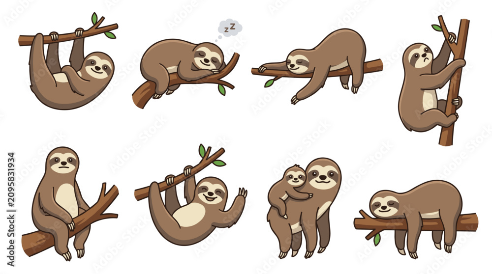 Fototapeta premium Cartoon sloths in various poses and situations, including sleeping, hanging, climbing, and with a baby, representing lazy and cute slow wildlife animals set on branches