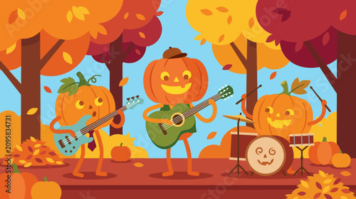 Funny Pumpkin Band Playing Music in Autumn Forest