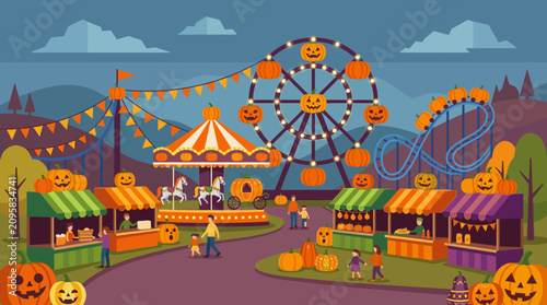 Halloween Fairground with Ferris Wheel and Carousel Illustration