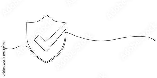 Shield protection icon continuous one line drawing on white background minimalist security symbol outline vector illustration, Security shield with check marks - tick and cross of one continuous line.