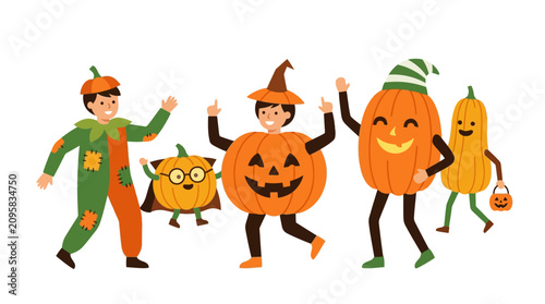 Happy Children in Creative Pumpkin Halloween Costumes