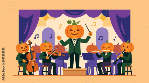Halloween Pumpkin Orchestra Performing Classical Music on Stage